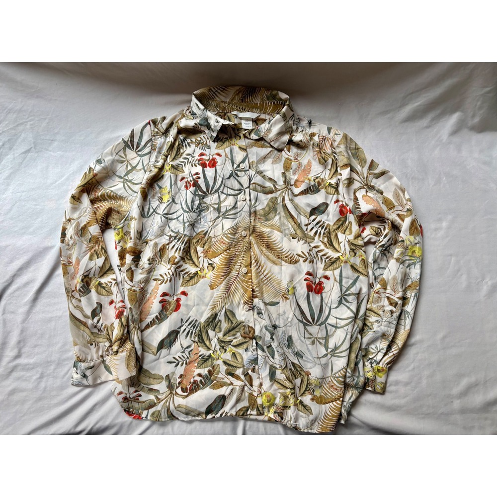 HM Women Tropical Floral Button Up Blouse Long Sleeve Cream Green Medium